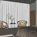 Modern Hotel Room Interior With Large Windows Curtains Wicker Chairs Small Table And Bed