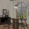 Modern Wooden Table and Chair Set in Dining Area With Hanging Lamp and Large Window