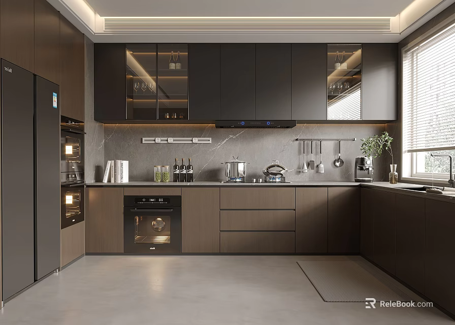 Modern Kitchen Interior With Dark Cabinets Island Countertop And Appliances 3d model 