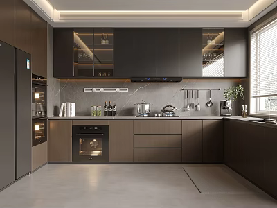 Modern Kitchen Interior With Dark Cabinets Island Countertop And Appliances 3d model