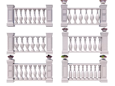 Ornamental White Railings With Balusters Posts And Various Design Styles 3d model