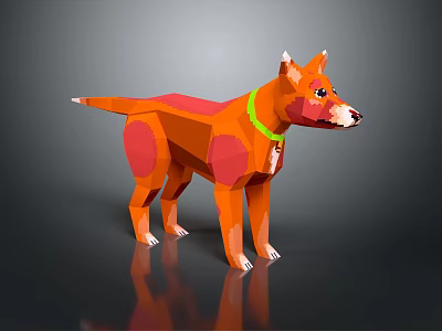 Polygonal Orange Dog with Red Patches and Green Collar 3D Model on Gray Background 3d model