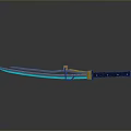 Katana With Blue Glowing Blade Yellow Black Handle On Gray Background Reflection