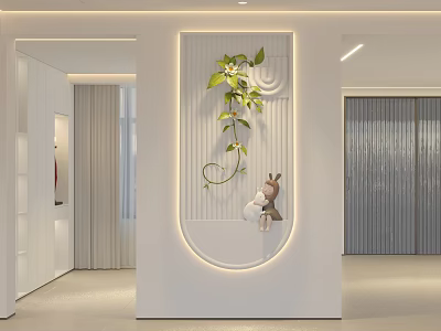 Modern Minimalist Wall Decor With Green Plant Vines Rabbit Figurine And Curved Light Strip Design 3d model