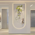 Modern Minimalist Wall Decor With Green Plant Vines Rabbit Figurine And Curved Light Strip Design