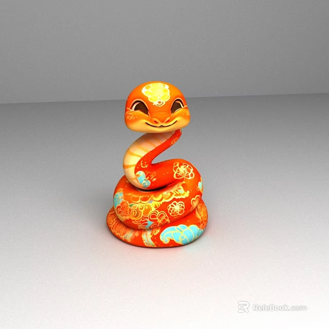 Adorable Orange Cartoon Snake With Decorative Cloud Patterns And Smiling Face 3d model