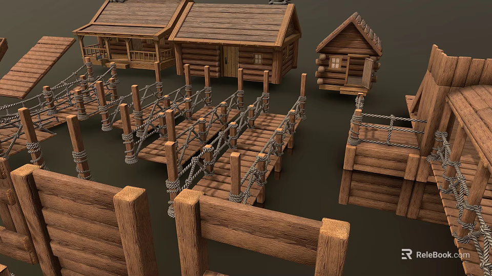 Rustic Log Cabin Architecture With Wooden Bridge And Fence Details 3d model 