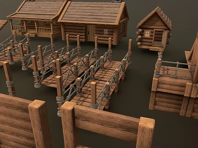 Rustic Log Cabin Architecture With Wooden Bridge And Fence Details 3d model
