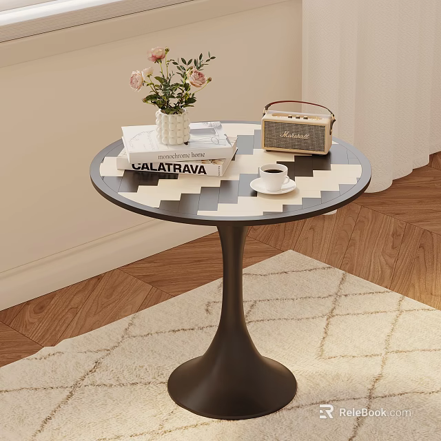 Modern Side Table With Black And White Pattern Books Vase Radio And Coffee Cup 3d model 