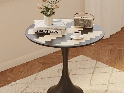 Modern Side Table With Black And White Pattern Books Vase Radio And Coffee Cup 3d model