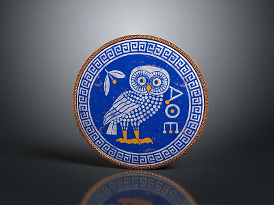 Blue Decorative Plate Featuring Owl Design Greek Pattern And AOE Lettering 3d model