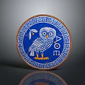 Blue Decorative Plate Featuring Owl Design Greek Pattern And AOE Lettering