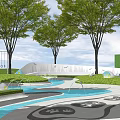 Loud Park Modern Landscape With Green Trees Water Fountain Curved Pathways And Green Lawn
