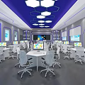 Modern School Classroom With Multiple Computers White Desks Blue Walls And Large Screen 3d model