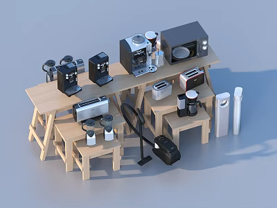 Wooden Kitchen Storage Shelves With Coffee Maker Microwave Toaster Vacuum Cups And Jars 3d model