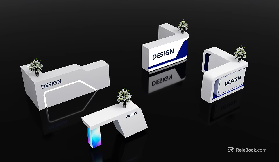 Modern White And Blue Design Display Stands With Potted Plants And Signage 3d model 