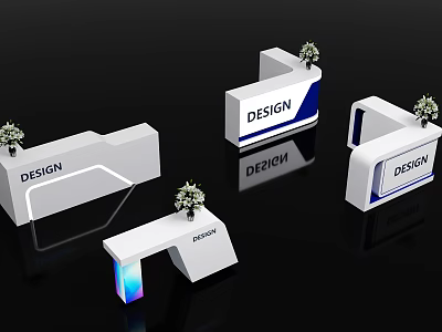 Modern White And Blue Design Display Stands With Potted Plants And Signage 3d model
