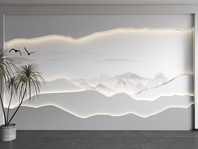 Modern Background Wall Design With Wavy LED Strip Lights Landscape Painting And Potted Palm 3d model