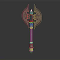 Ornate Decorative Axe With Intricate Engravings And Gemstone Accent On Metal Handle