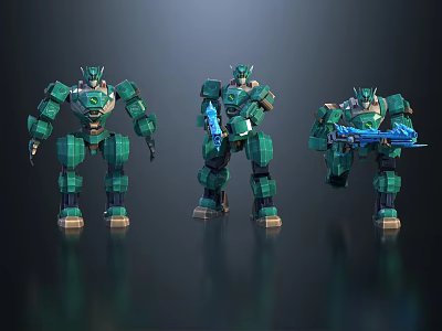 Game and Movie Characters Three Green Mech Robots in Different Action Poses with Detailed Armor 3d model