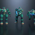 Game and Movie Characters Three Green Mech Robots in Different Action Poses with Detailed Armor