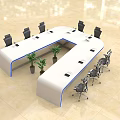 U Shaped Conference Table With White Top Blue Edge Black Office Chairs And Green Plants