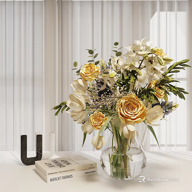 Fresh Yellow Roses And White Orchids In Transparent Glass Vase With Green Leaves 3d model 