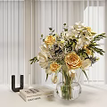 Fresh Yellow Roses And White Orchids In Transparent Glass Vase With Green Leaves