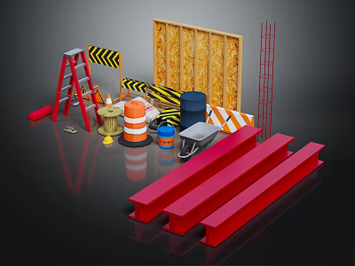 Construction Tools And Materials With Ladder Caution Tape Traffic Cones Barrels Wheelbarrow Steel Beams And Plywood Sheets 3d model