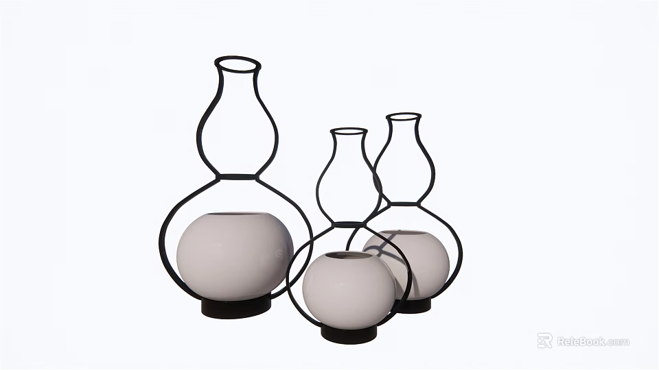 Three Piece Gourd Shaped Decorative Ornament Set With Black Frame And White Spherical Bases 3d model 