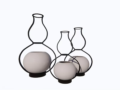 Three Piece Gourd Shaped Decorative Ornament Set With Black Frame And White Spherical Bases 3d model