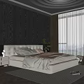 Modern Bedroom With Dark Wall Wavy Ceiling U Shaped Lights And Floor to Ceiling Windows