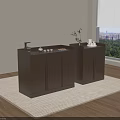 Modern Wooden Tea Cabinet Design With Countertop Tea Set And Green Window View