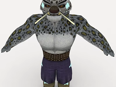 Anthropomorphic Snow Leopard Character With Glowing Eyes Spotted Fur Purple Pants And Dotted Belt 3d model
