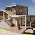 Modern Wooden Road Facility Walkway With Staircase Platform And People Walking On Grassland