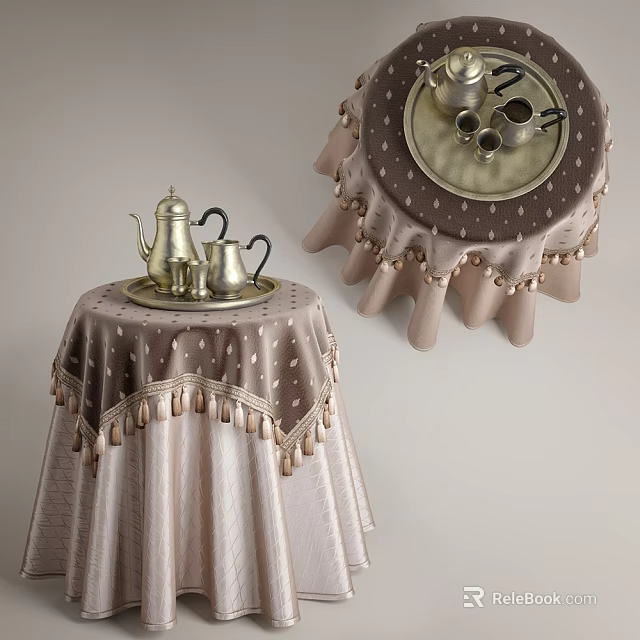 Elegant Coffee Table With Light Brown Tasseled Decorative Tablecloth And Metal Tea Set 3d model 