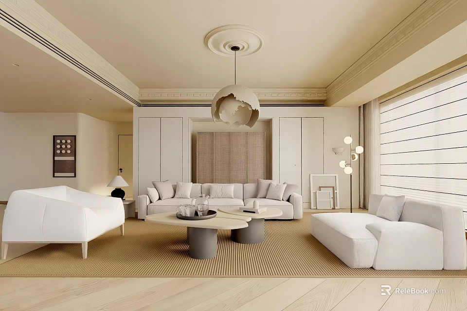 Minimalist Living Room Interior With Beige White Sofa Coffee Table Chandelier Blinds And Rug 3d model 
