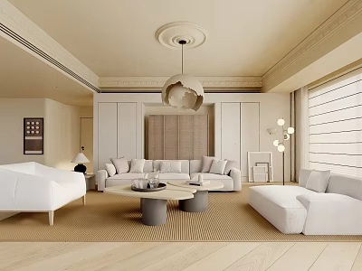 Minimalist Living Room Interior With Beige White Sofa Coffee Table Chandelier Blinds And Rug 3d model