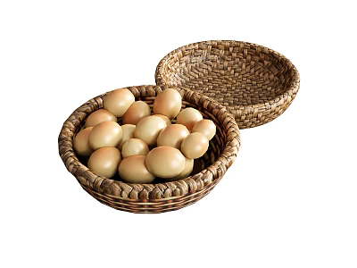 Organic Fresh Brown Eggs Arranged in Woven Baskets on White Background 3d model
