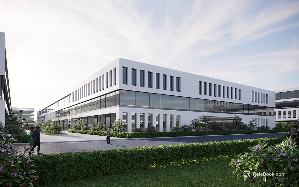 Modern Industrial Factory Building Featuring White Exterior Large Glass Windows Pedestrian Walkway And Green Landscaping 3d model 