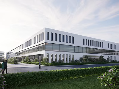 Modern Industrial Factory Building Featuring White Exterior Large Glass Windows Pedestrian Walkway And Green Landscaping 3d model