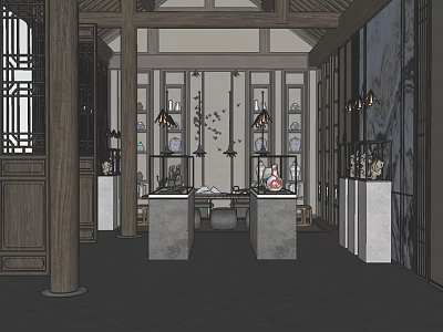 Chinese Style Specialty Store Interior With Display Cabinets Traditional Decorations And Hanging Lanterns 3d model