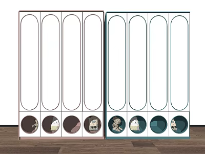 Modern Wardrobe with Multiple Oval Doors Bottom Drawers Decorative Designs Colored Frames and Wooden Floor 3d model