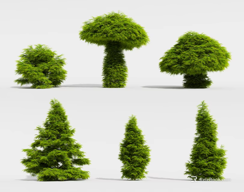 Green Arbor Trees With Various Crown Shapes For Garden Landscaping 3d model 