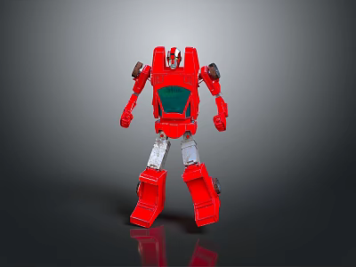 Red Robot Action Figure Toy with Detailed Design Standing Pose on Reflective Gray Background 3d model