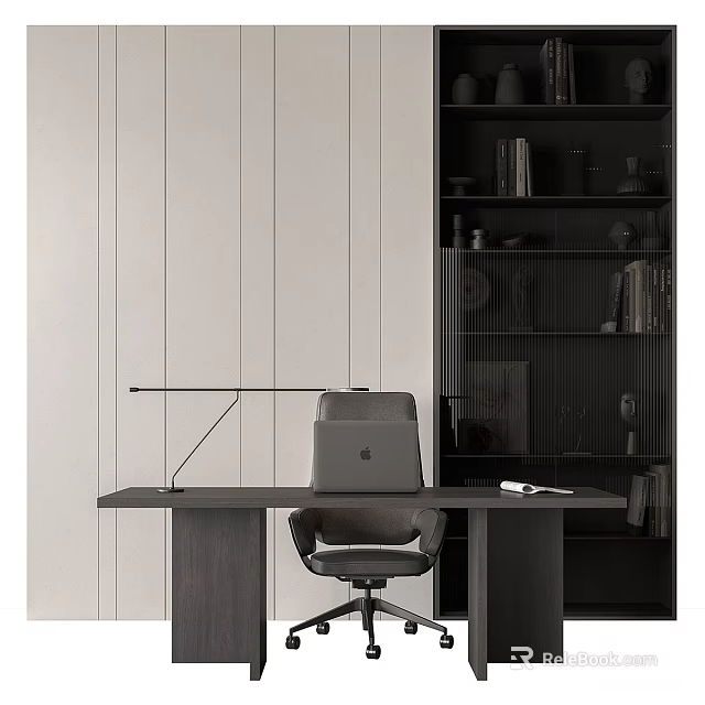 Modern Minimalist Desk Setup With Laptop Office Chair Desk Lamp And Bookshelf 3d model 