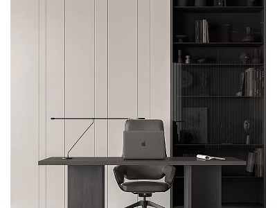 Modern Minimalist Desk Setup With Laptop Office Chair Desk Lamp And Bookshelf 3d model
