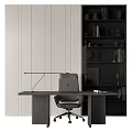 Modern Minimalist Desk Setup With Laptop Office Chair Desk Lamp And Bookshelf