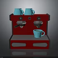 Red Electric Coffee Machine With Dual Blue Cups On Top And Single Cup Below