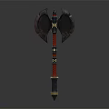 Traditional Decorative Double Bladed Axe With Red Blue Handle And Intricate Ornamental Design